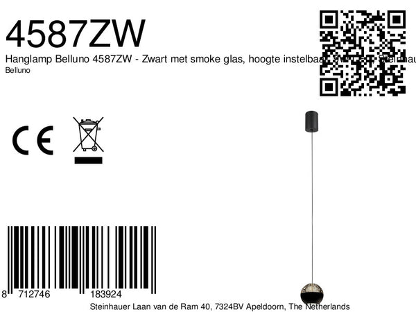 Belluno 4587zw – 1-lichts hanglamp zwart met cable lift