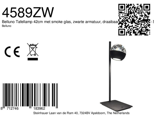 Belluno 4589zw – tafellamp met smoke glas en dimlicht