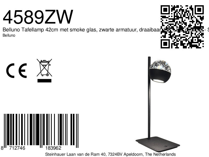 Belluno 4589zw – tafellamp met smoke glas en dimlicht