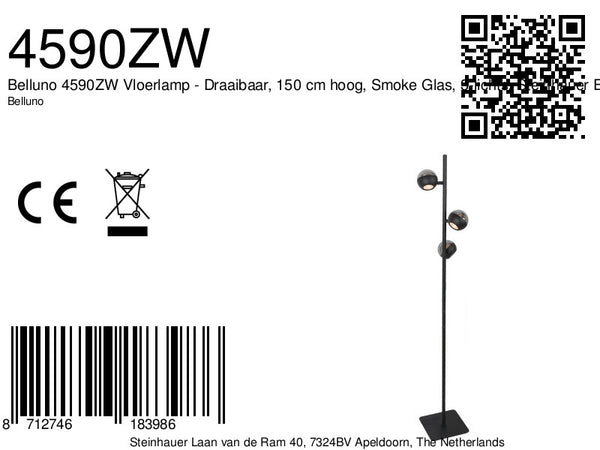 Belluno 4590zw – 3-lichts vloerlamp smoke glas