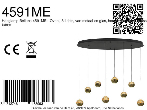 Belluno 4591me – 8-lichts hanglamp ovaal met cable lift