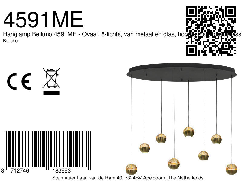 Belluno 4591me – 8-lichts hanglamp ovaal met cable lift