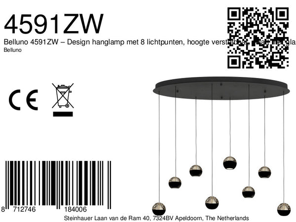 Belluno 4591zw – 8-lichts hanglamp met cable lift