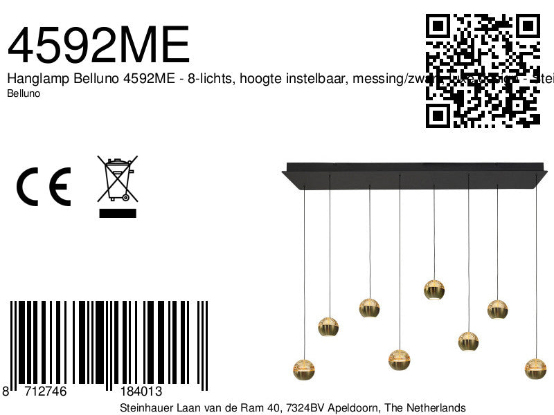 Belluno 4592me – 8-lichts hanglamp met cable lift