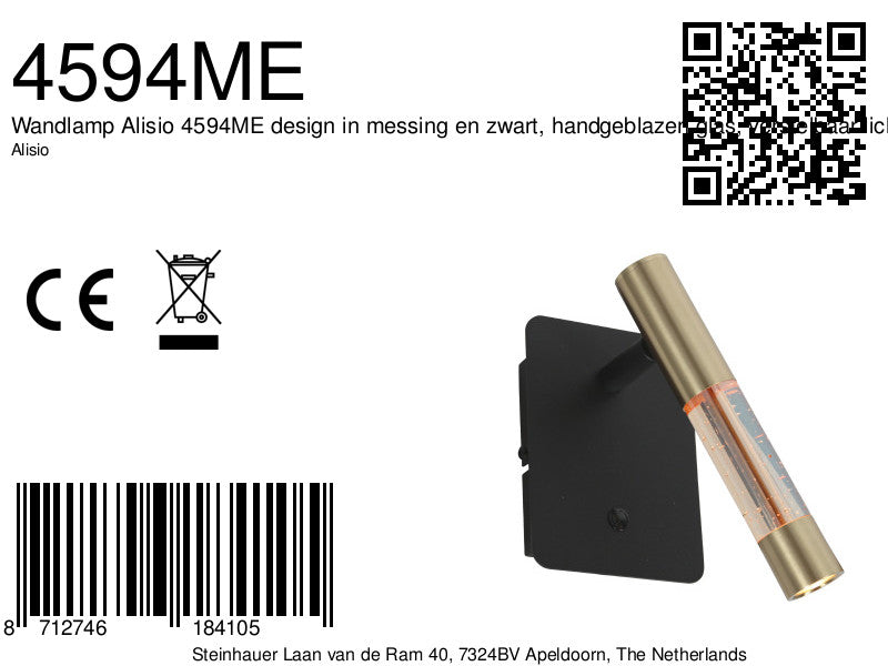 Wandlamp alisio 4594me luxe glas in messing met push dimmer