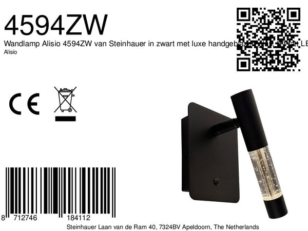 Wandlamp alisio 4594zw luxe glas in zwart met pushdimmer