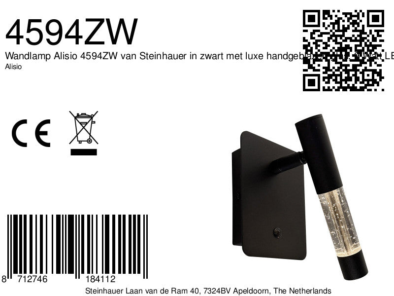 Wandlamp alisio 4594zw luxe glas in zwart met pushdimmer