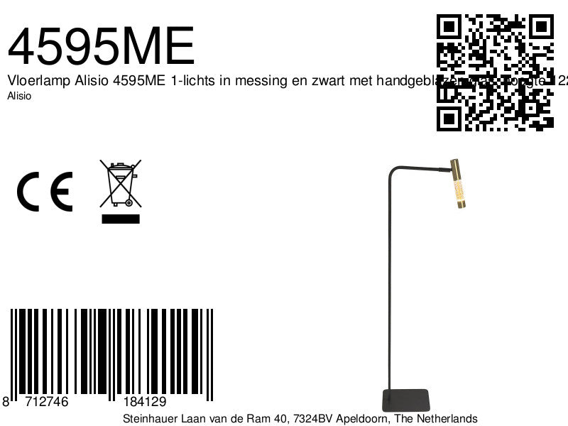 Vloerlamp alisio 4595me 1-lichts luxe glas in messing met push dimmer