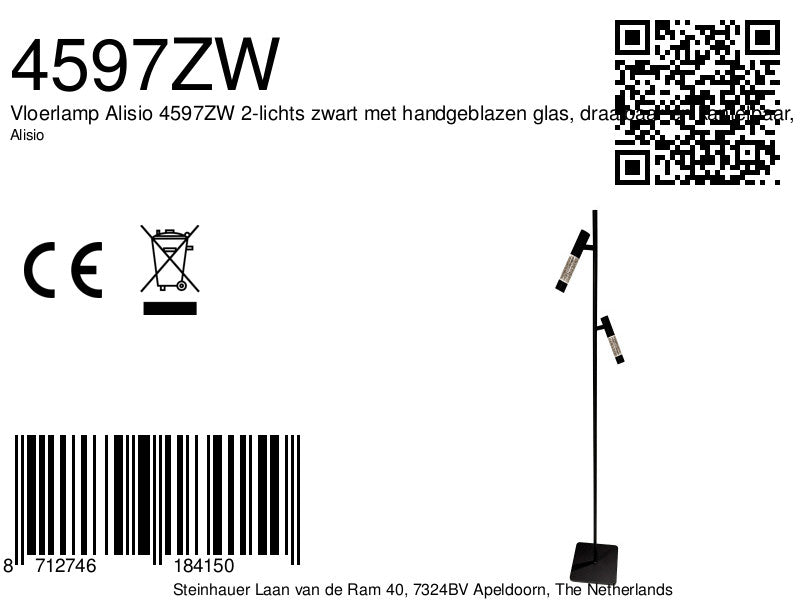 Vloerlamp alisio 4597zw 2-lichts luxe glas in zwart met push dimmer