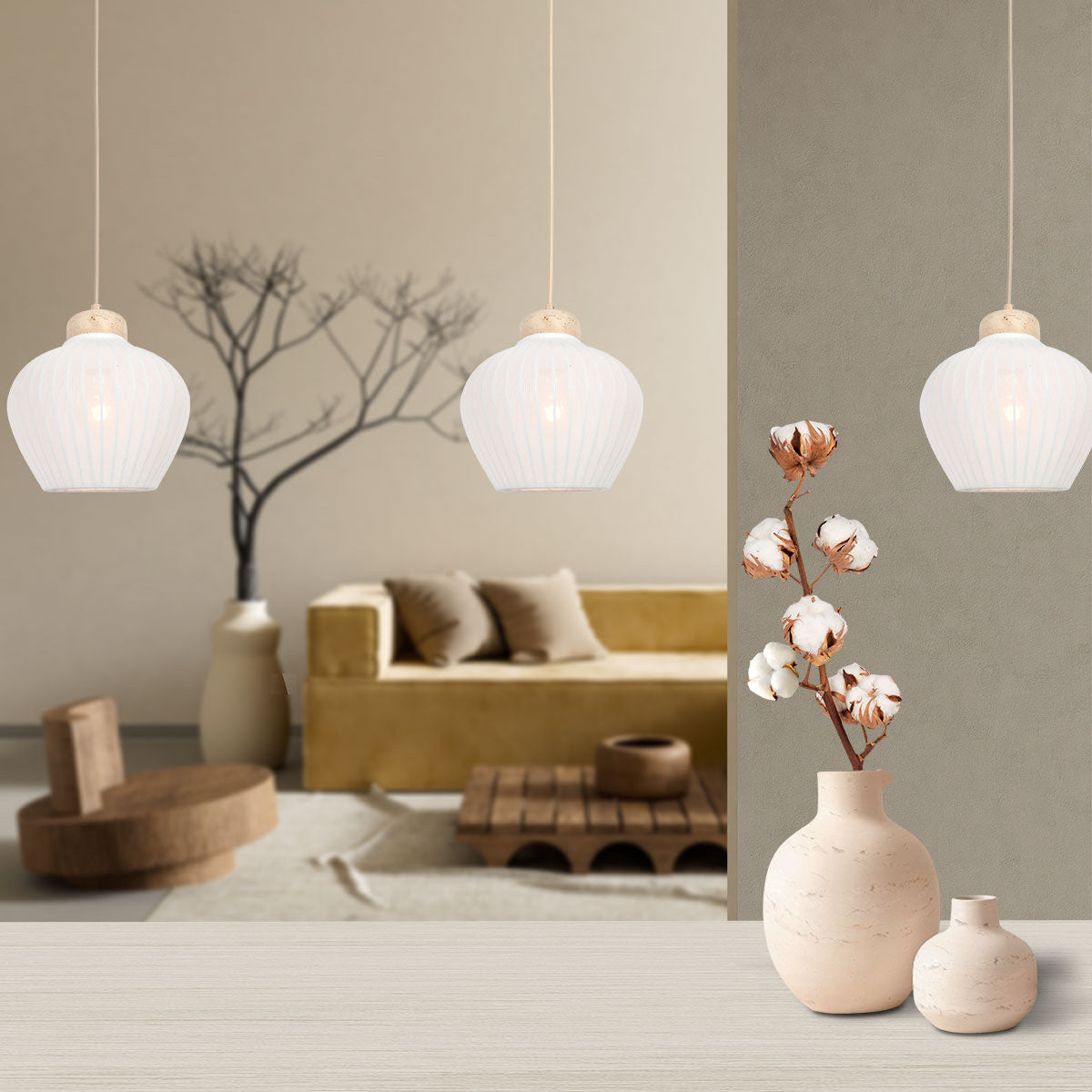 Travino 4598cr hanglamp – linnen & travertin in natuurlijke stijl