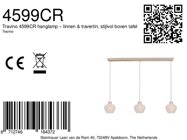 Travino 4599cr hanglamp – linnen & travertin, stijlvol boven tafel