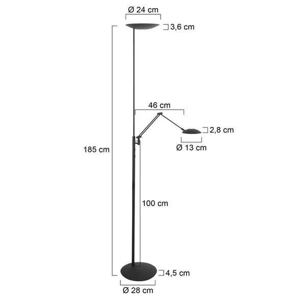 Vloerlamp daphne 2 4602zw - zwarte uplight met leesarm