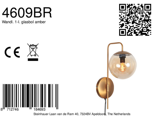 Wandlamp bollique 4609br bronskleurige lamp met amberglas