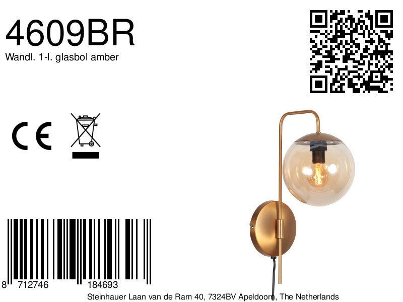 Wandlamp bollique 4609br bronskleurige lamp met amberglas