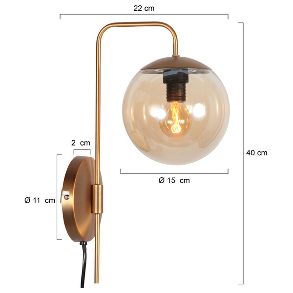Wandlamp bollique 4609br bronskleurige lamp met amberglas