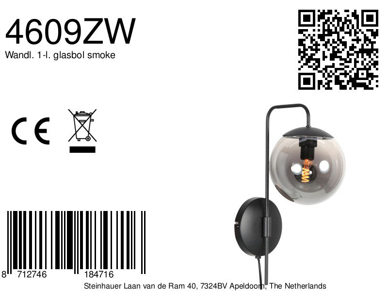 Wandlamp bollique 4609zw zwarte lamp met smoke glas
