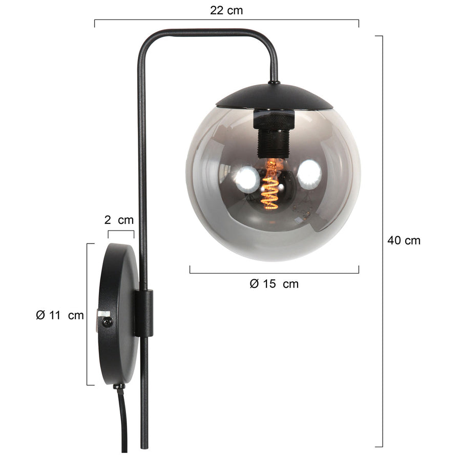 Wandlamp bollique 4609zw zwarte lamp met smoke glas