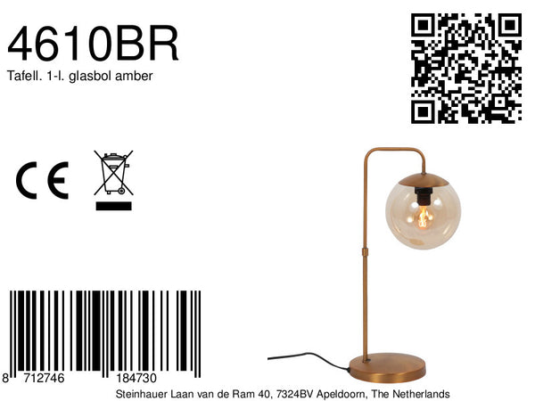 Tafellamp bollique 4610br bronskleurige lamp met amber glas