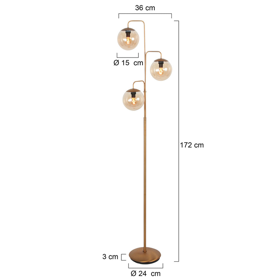 Vloerlamp bollique 4611br sfeervolle bronzen 3 lichts lamp met amber glas