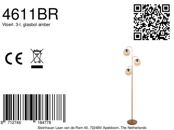 Vloerlamp bollique 4611br sfeervolle bronzen 3 lichts lamp met amber glas