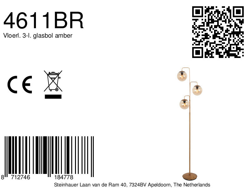 Vloerlamp bollique 4611br sfeervolle bronzen 3 lichts lamp met amber glas