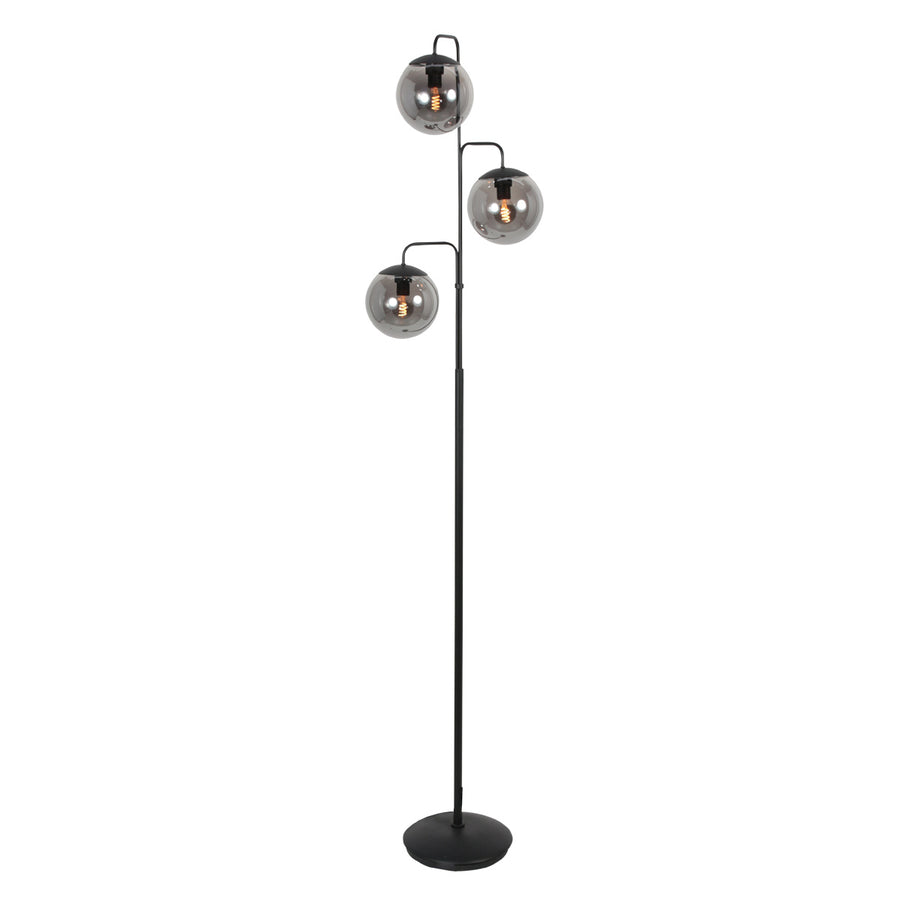 Vloerlamp bollique 4611zw sfeervolle zwarte 3 lichts lamp met smoke glas