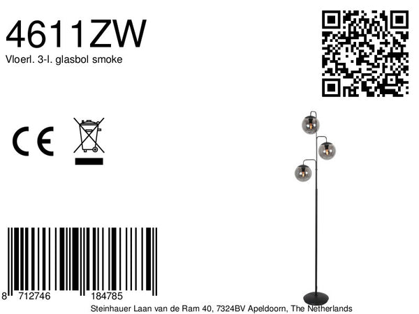 Vloerlamp bollique 4611zw sfeervolle zwarte 3 lichts lamp met smoke glas
