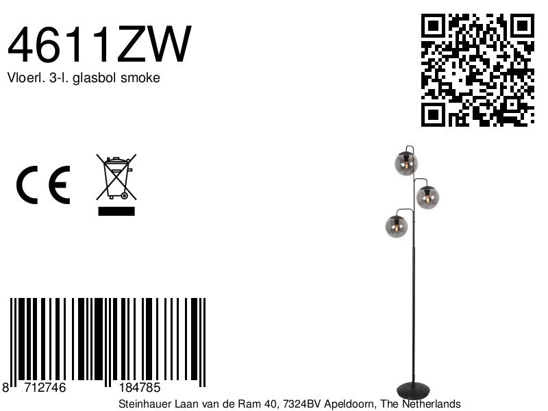 Vloerlamp bollique 4611zw sfeervolle zwarte 3 lichts lamp met smoke glas
