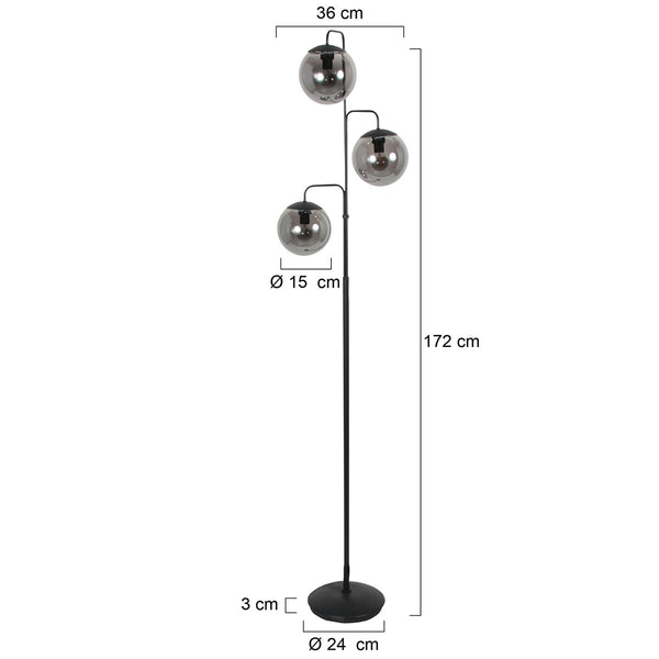 Vloerlamp bollique 4611zw sfeervolle zwarte 3 lichts lamp met smoke glas