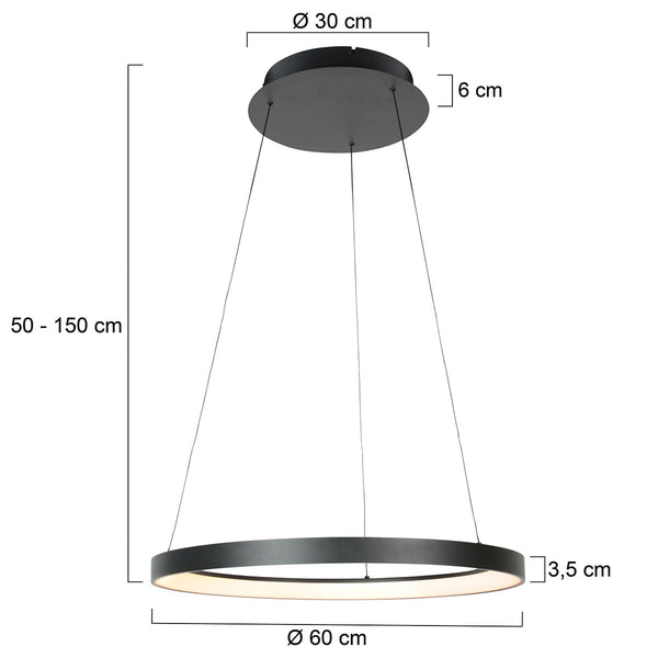 Zwarte hanglamp ringlede 4612zw met cable-lift systeem