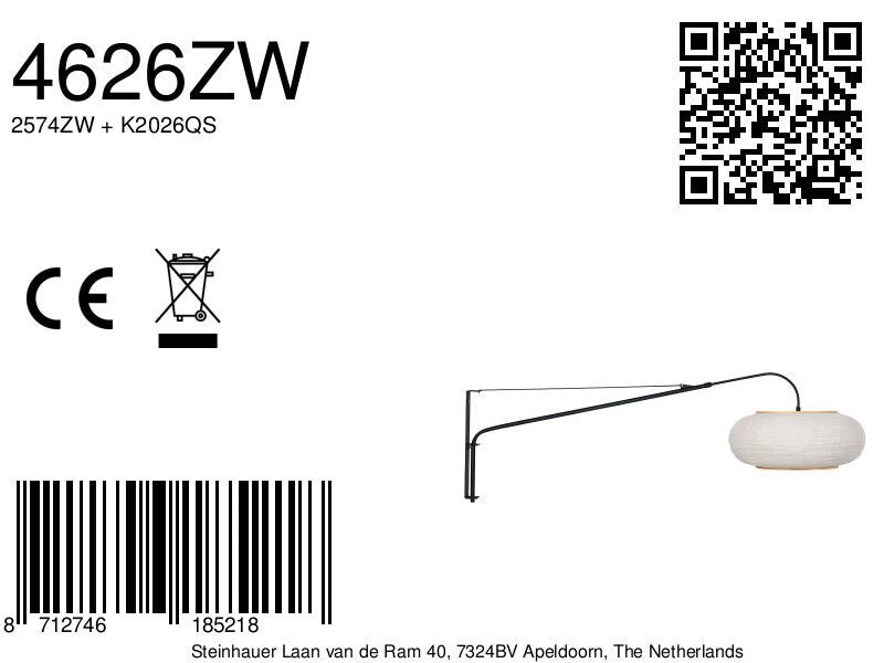 Wandlamp silva alba 4626zw zwart met linnen kap ø60 cm