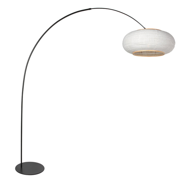 Vloerlamp curve 4642zw - stijlvolle zwarte booglamp met linnen kap