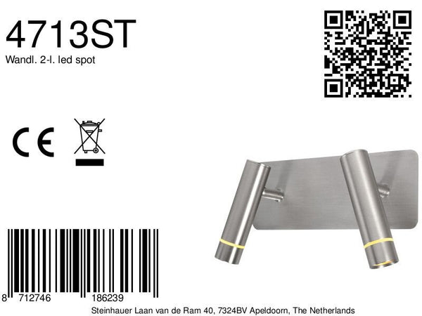Wandlamp volari 4713st staal 2-lichts met verstelbare koppen