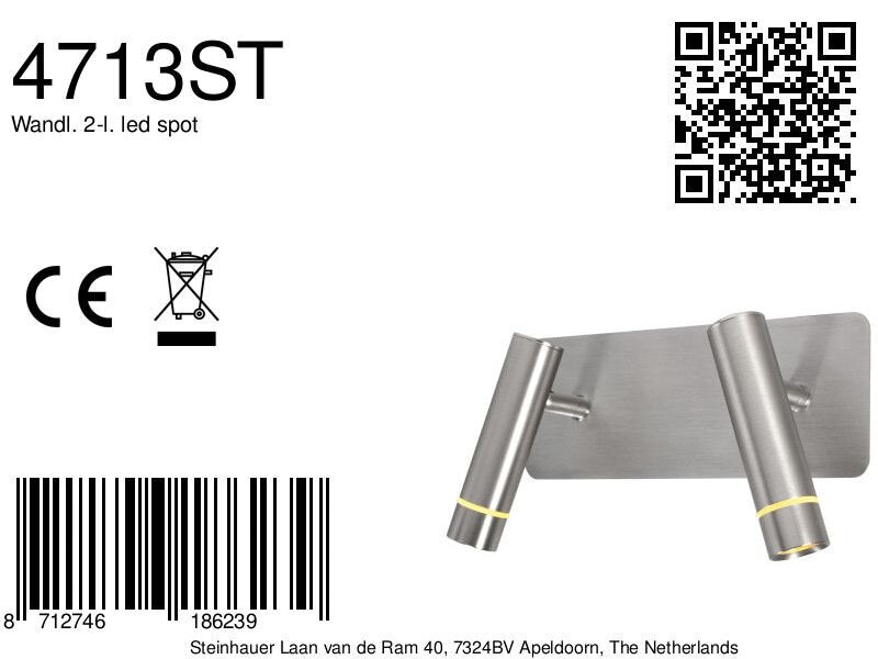 Wandlamp volari 4713st staal 2-lichts met verstelbare koppen