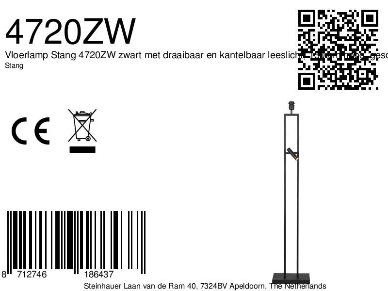 Vloerlamp stang 4720zw zwart armatuur met leeslicht