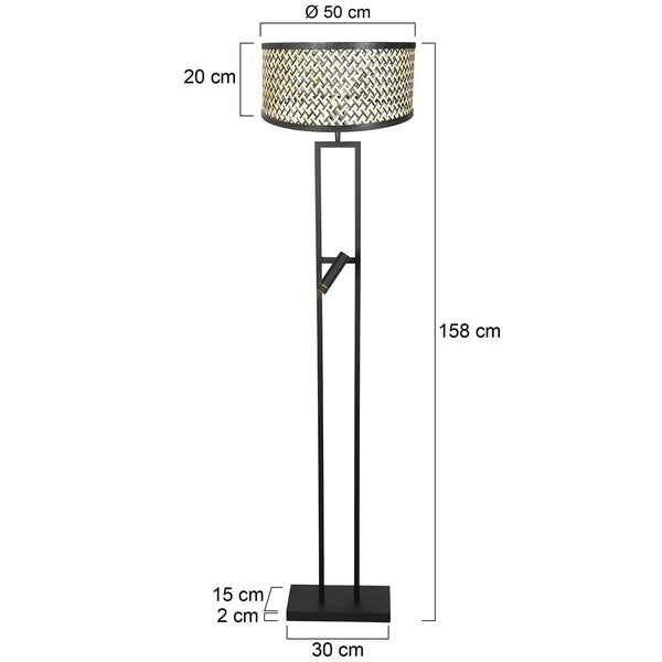 Vloerlamp stang 4721zw met zwart beige bamboe kap en leeslicht