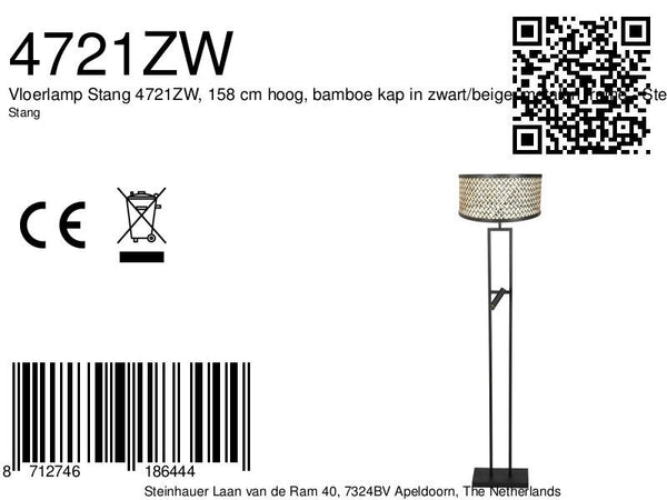Vloerlamp stang 4721zw met zwart beige bamboe kap en leeslicht