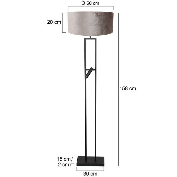 Vloerlamp stang 4723zw met grijze velours kap en leeslicht