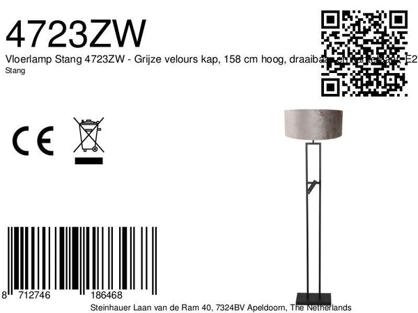 Vloerlamp stang 4723zw met grijze velours kap en leeslicht