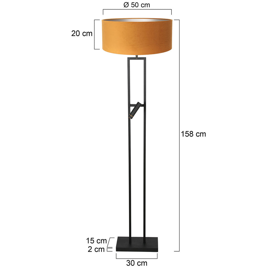Vloerlamp stang 4724zw met gouden velours kap en leeslicht