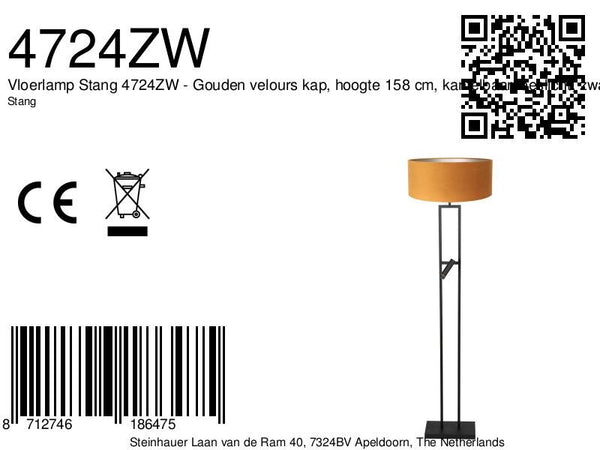 Vloerlamp stang 4724zw met gouden velours kap en leeslicht