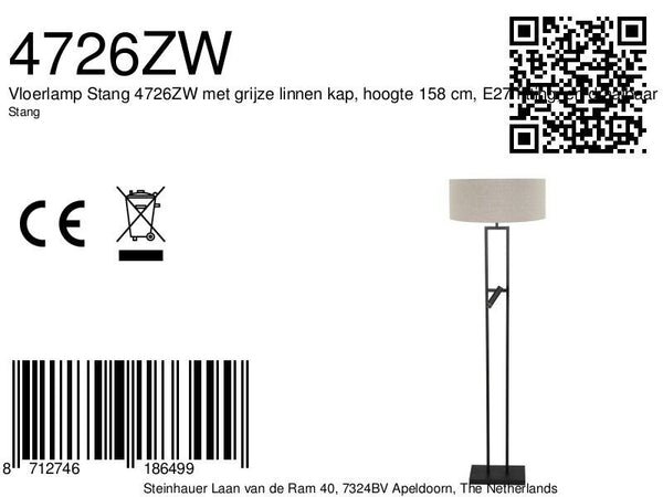 Vloerlamp stang 4726zw met grijs linnen kap en leeslicht