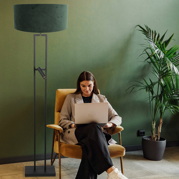 Vloerlamp stang 4727zw met groene velours kap en leeslicht