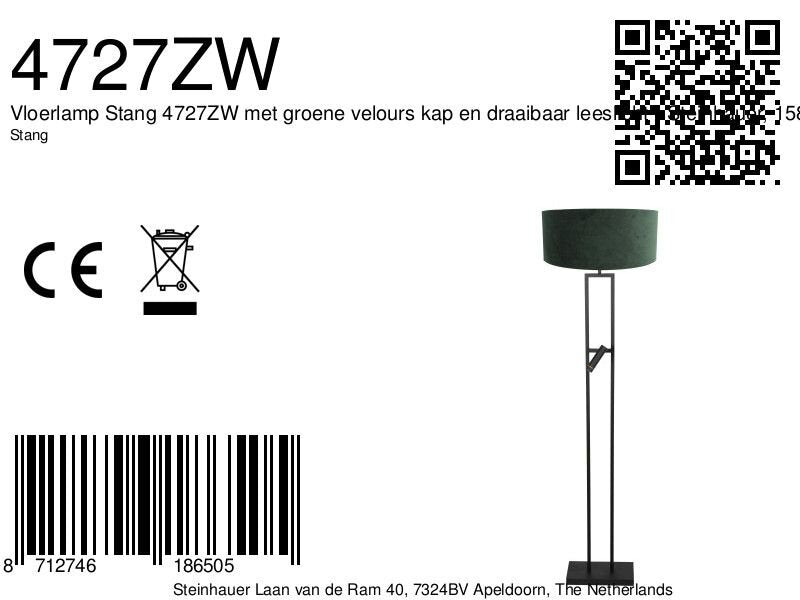 Vloerlamp stang 4727zw met groene velours kap en leeslicht