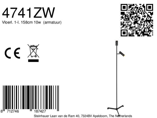 Stang 4741zw zwarte vloerlamp met leeslicht en e27 fitting