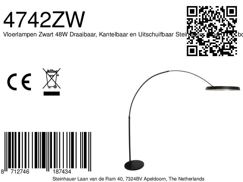 Booglamp ringlux 4742zw, zwarte booglamp met grote ledring