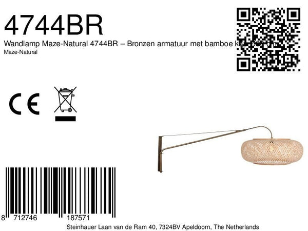 Wandlamp maze natural 4744br bronzen met bamboe kap ø60 cm