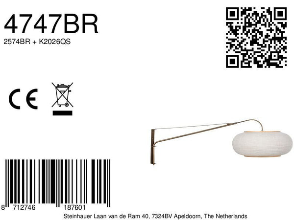 Wandlamp silva alba 4747br brons met linnen kap ø60 cm