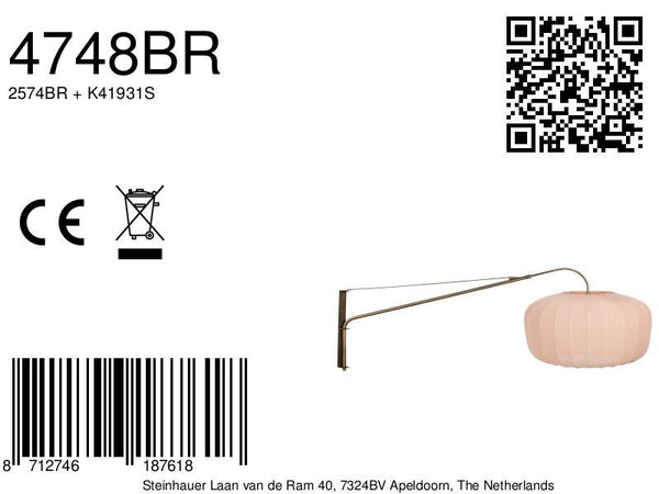 Wandlamp vela lino 4748br brons met beige-crème textiel kap