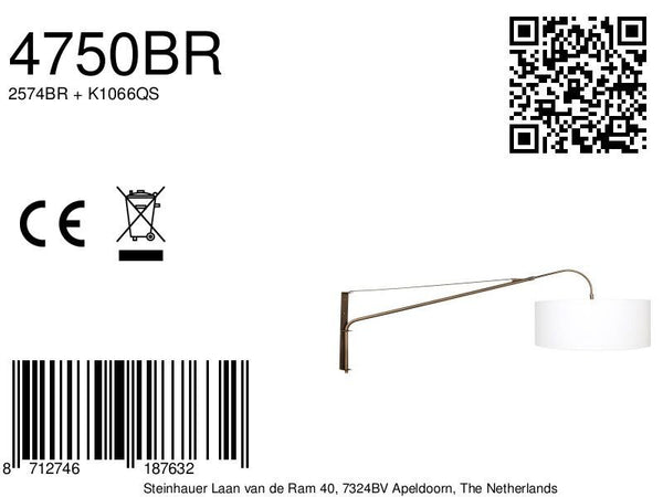 Wandlamp elegant classy 4750br brons met grof wit linnen kap ø50 cm
